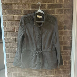 LOVE SAM Olive Green snap front jacket drawstring waist 100% cotton size medium